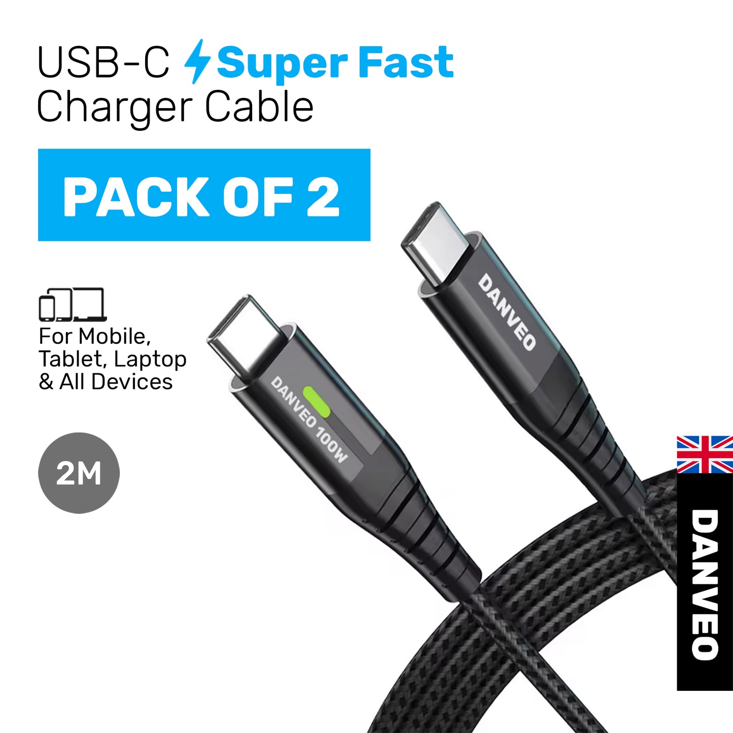 Danveo USB C-C Fast Charger Cable 2-Pack